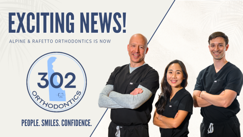 Exciting News! Alpine & Rafetto Orthodontics is now 302 Orthodontics, beside three smiling people in black scrubs